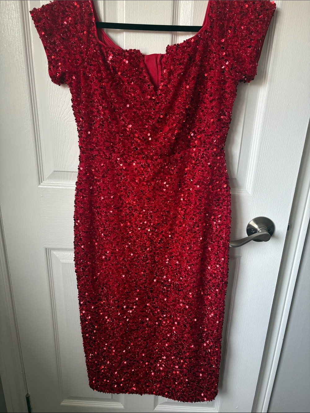 Sequin Red Midi Dress with Cap Sleeves